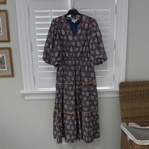 Floral Puff-Sleeve Maxi Dress - Navy with Coral Accents